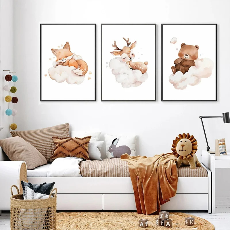 Baby Nursery Picture Frames - 1pc 프레임리스 만화 구름 동물 캔버스