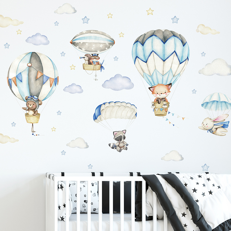 Wall Decal Nursery - 만화 귀여운 동물 뜨거운 공기 풍선