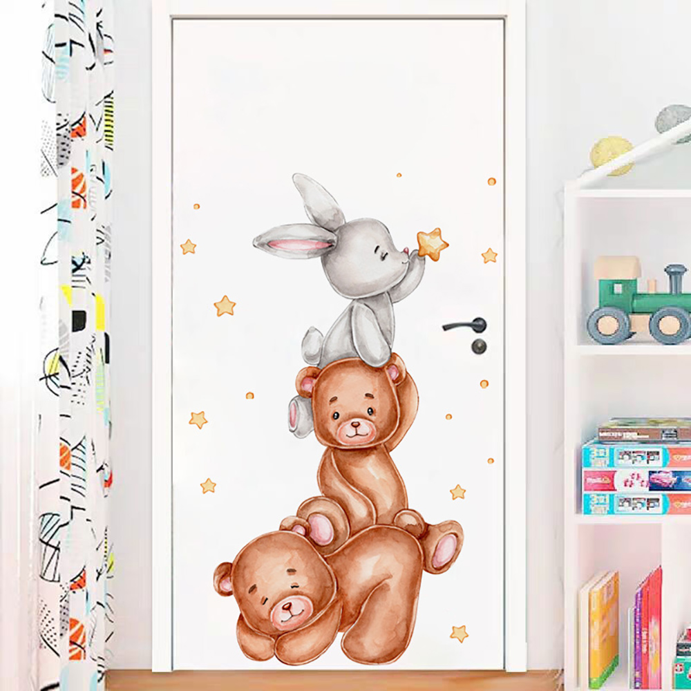 Baby Nursery Wallpaper Girl - 귀여운 토끼 곰 별 벽 스티커,
