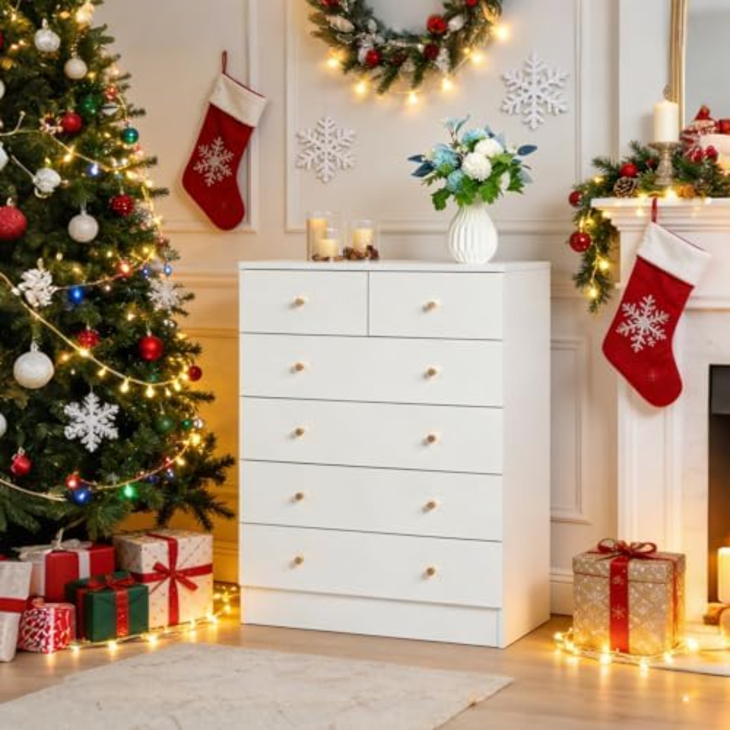 Drawer Dresser White - 흰색 6단 서랍장, 로즈 골드 손잡이
