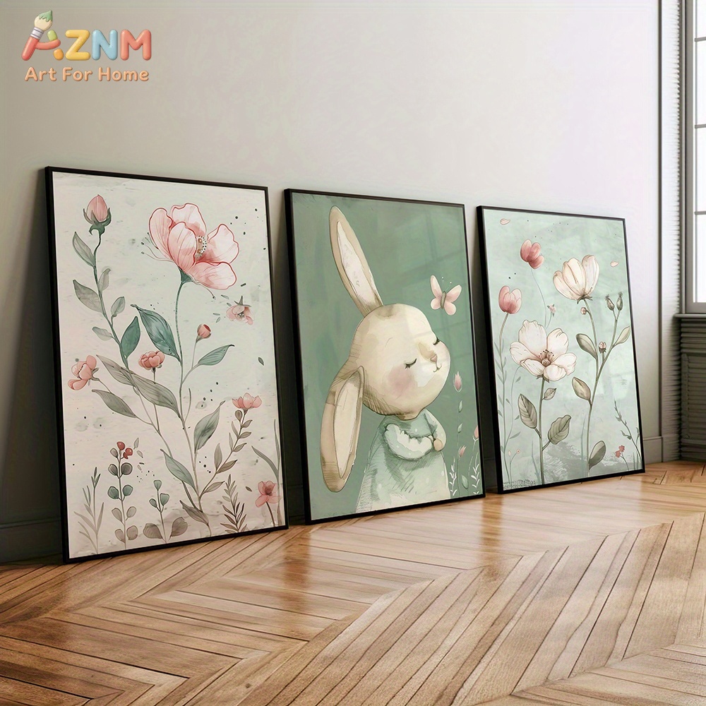 3PCS 귀여운 토끼와 핑크 꽃 캔버스 벽 예술, 수채 - Baby Nursery Picture Frames 리뷰 및 가격
