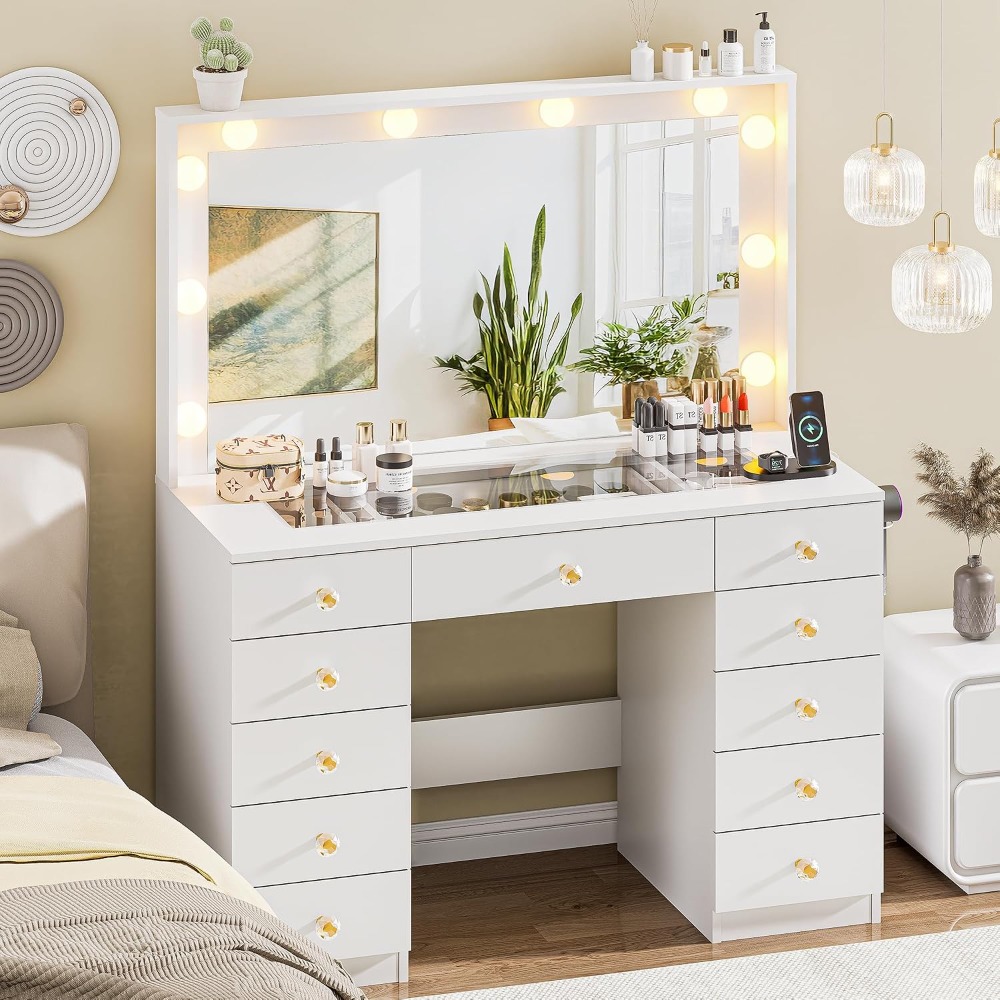 대형 거울과 10개의 LED 조명이 있는 화장대, 유리 - Drawer Dresser White 리뷰 및 가격