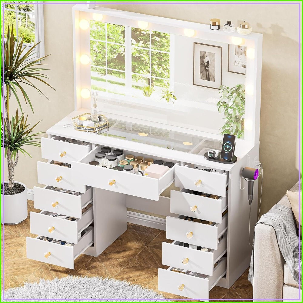 대형 거울과 10개의 LED 조명이 있는 화장대, 유리 - Drawer Dresser White 리뷰 및 가격