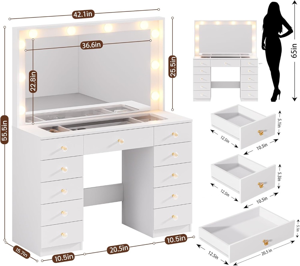 대형 거울과 10개의 LED 조명이 있는 화장대, 유리 - Drawer Dresser White 리뷰 및 가격