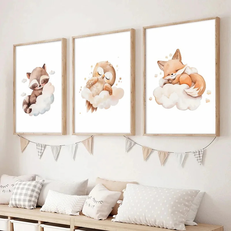만화 구름 동물 캔버스 그림 벽 예술 귀여운 너구리 여 - Baby Nursery Picture Frames 리뷰 및 가격