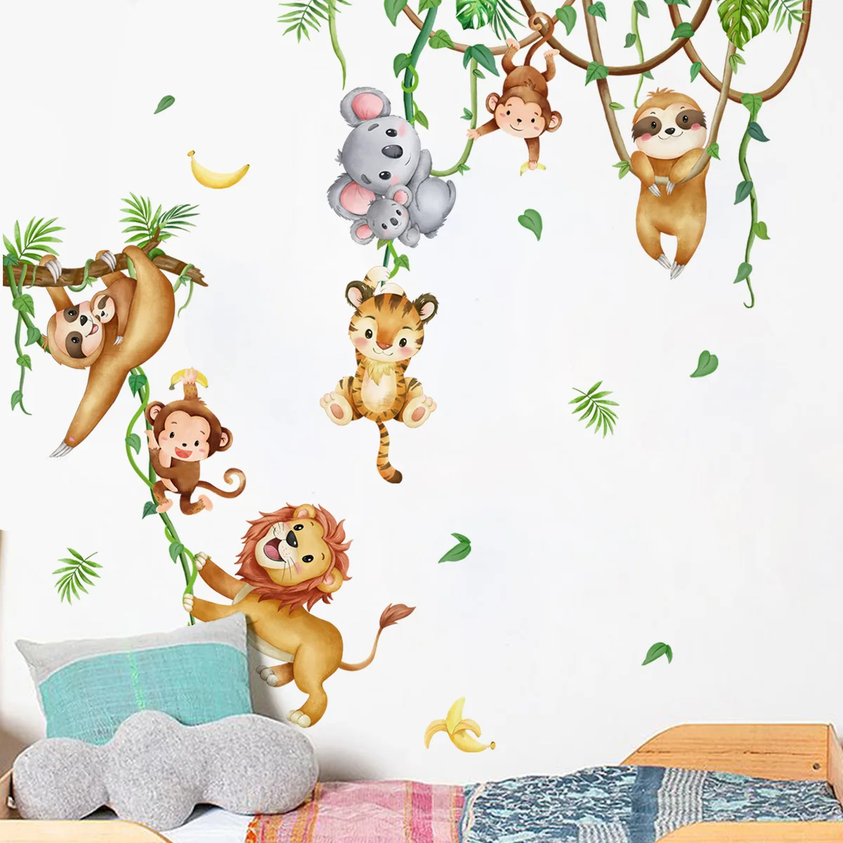 숲 동물 사자 나무늘보 원숭이 가지 잎 수채화 벽 스티 - Baby Nursery Wallpaper Girl 리뷰 및 가격