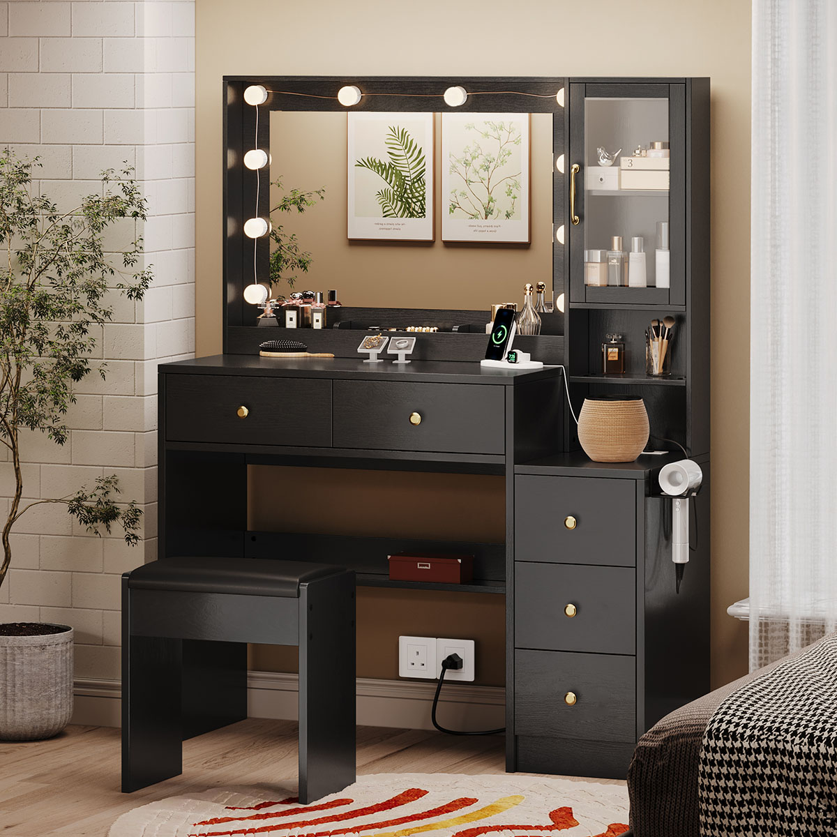 거울과 3색 조명이 있는 화장대, 5개의 서랍과 캐비닛 - Drawer Dresser White 리뷰 및 가격