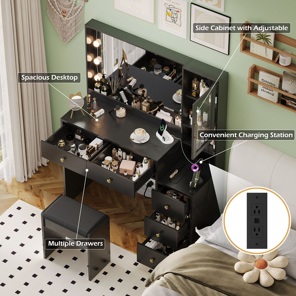 거울과 3색 조명이 있는 화장대, 5개의 서랍과 캐비닛 - Drawer Dresser White 리뷰 및 가격
