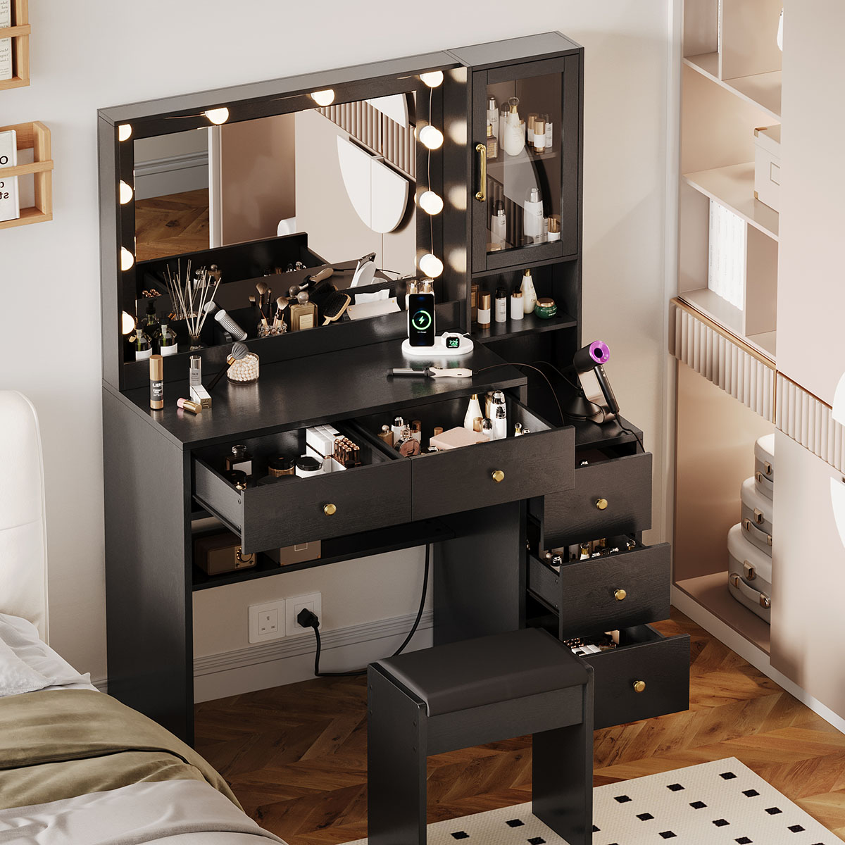 거울과 3색 조명이 있는 화장대, 5개의 서랍과 캐비닛 - Drawer Dresser White 리뷰 및 가격