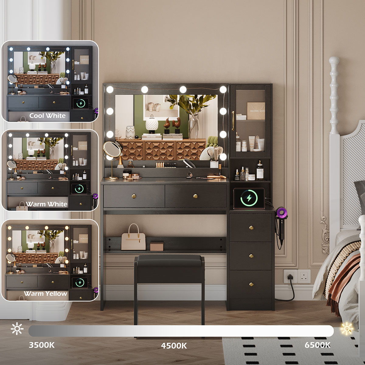 거울과 3색 조명이 있는 화장대, 5개의 서랍과 캐비닛 - Drawer Dresser White 리뷰 및 가격